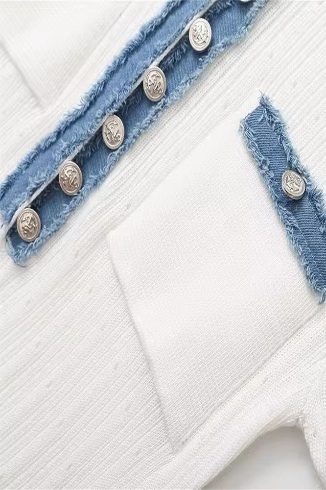 KATHI - Elegant knitted dress with denim patchwork